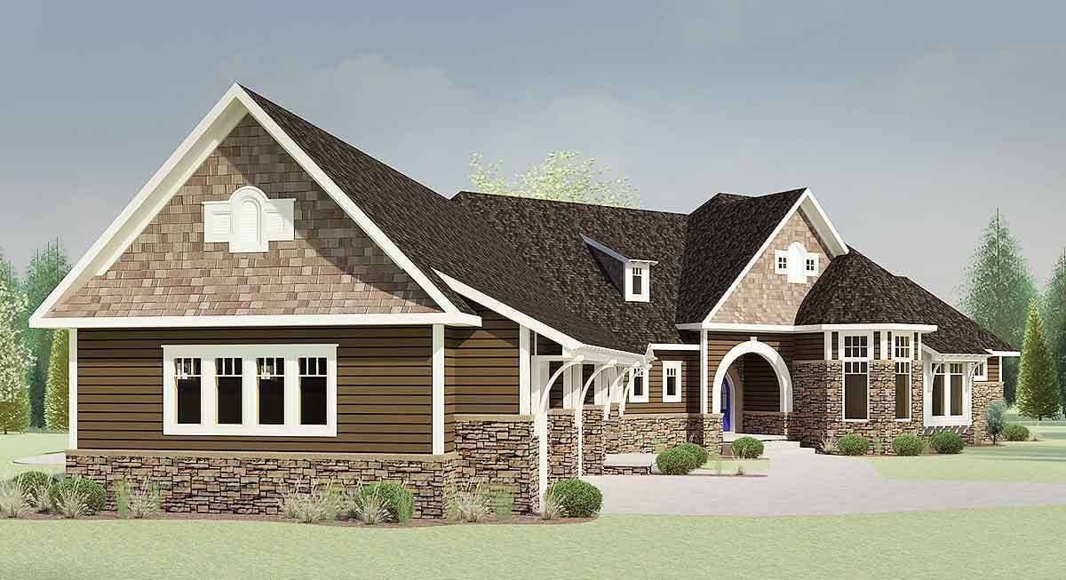 Craftsman style house plan exterior with stone accents, wide eaves, dormers, and a prominent arched entryway.
