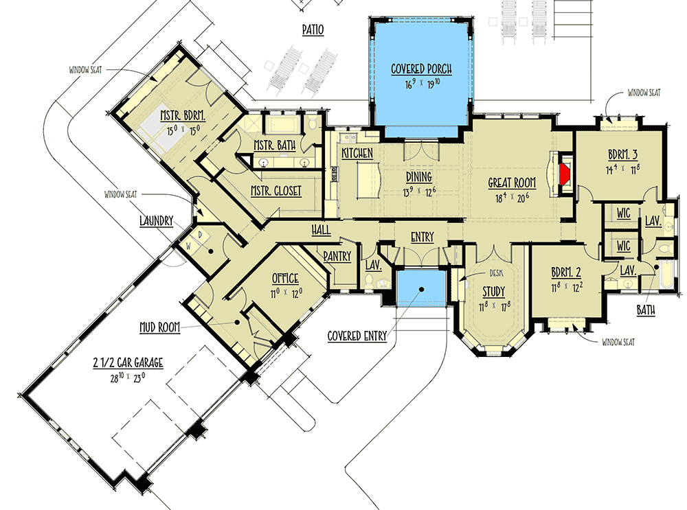 Plan 275001CMM: Split Bedroom Shingle Manor with Angled Garage - 2759 Sq Ft - Floor Plan - Main Level - Cottage, Craftsman, European, Ranch, Shingle, Traditional, Vacation