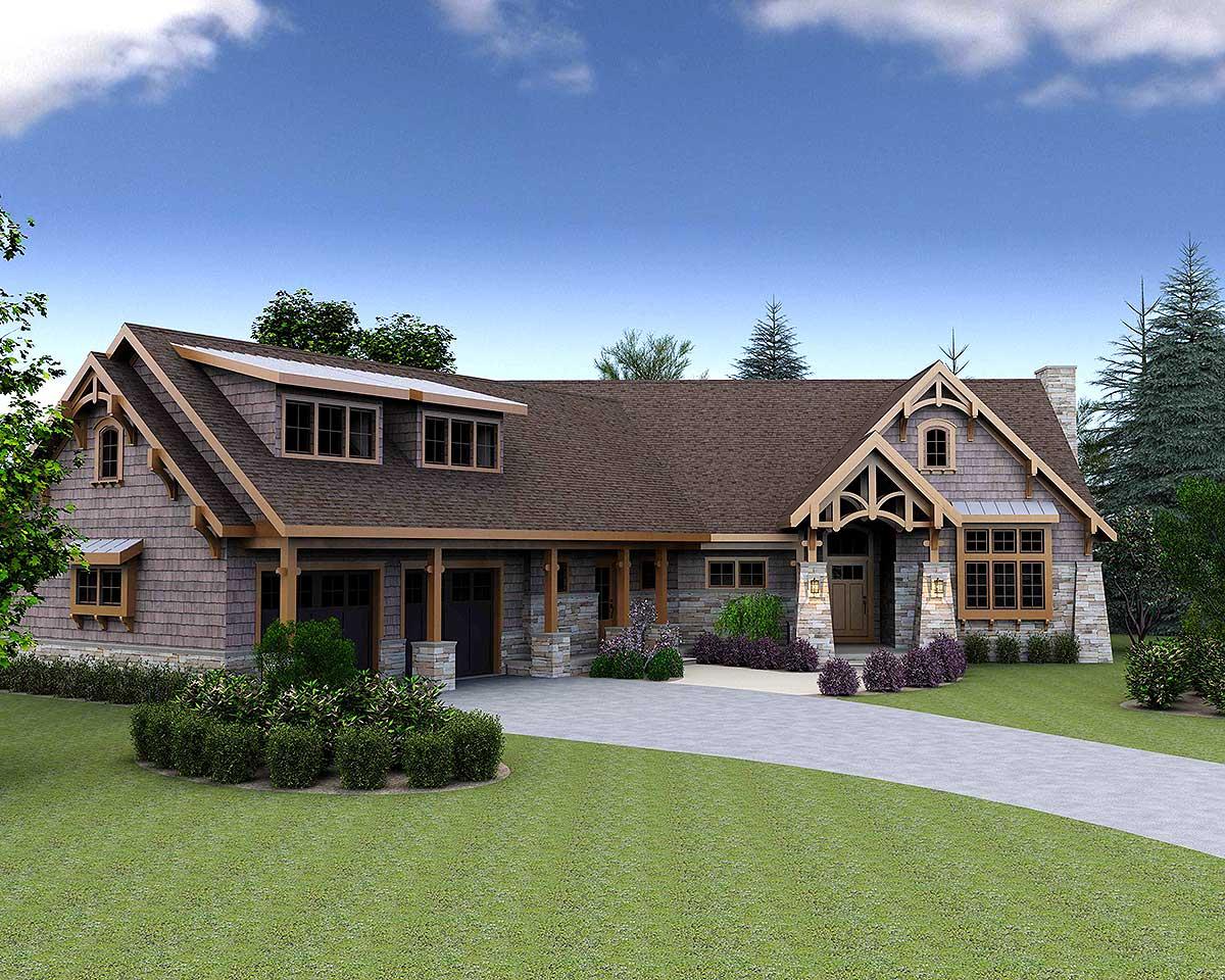 Craftsman style house plan exterior with a multi-story roofline, dormers, covered entry, and a three-car garage.