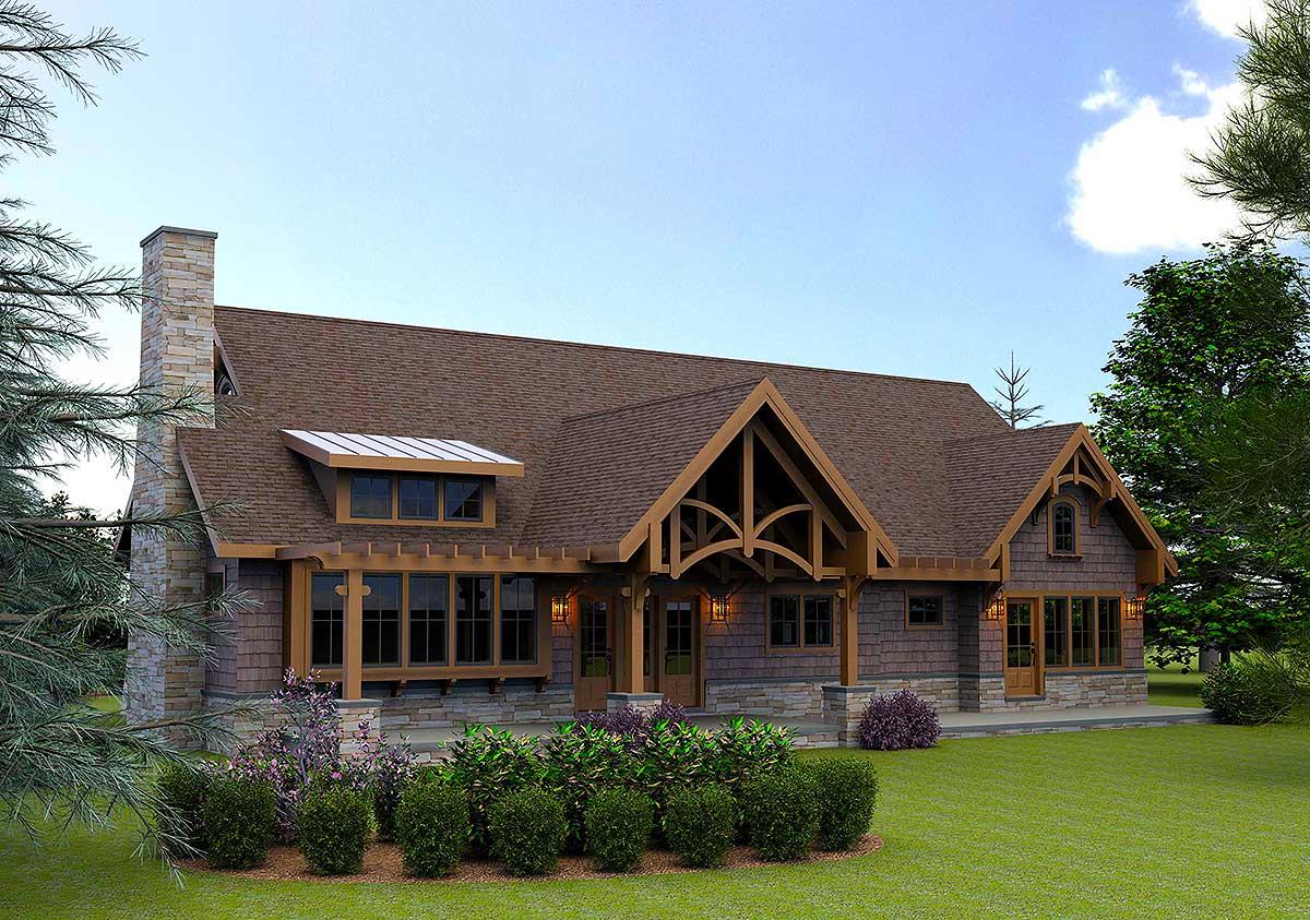 Log home exterior plan with stone chimney, wide gable entry with exposed beams, and large picture windows.