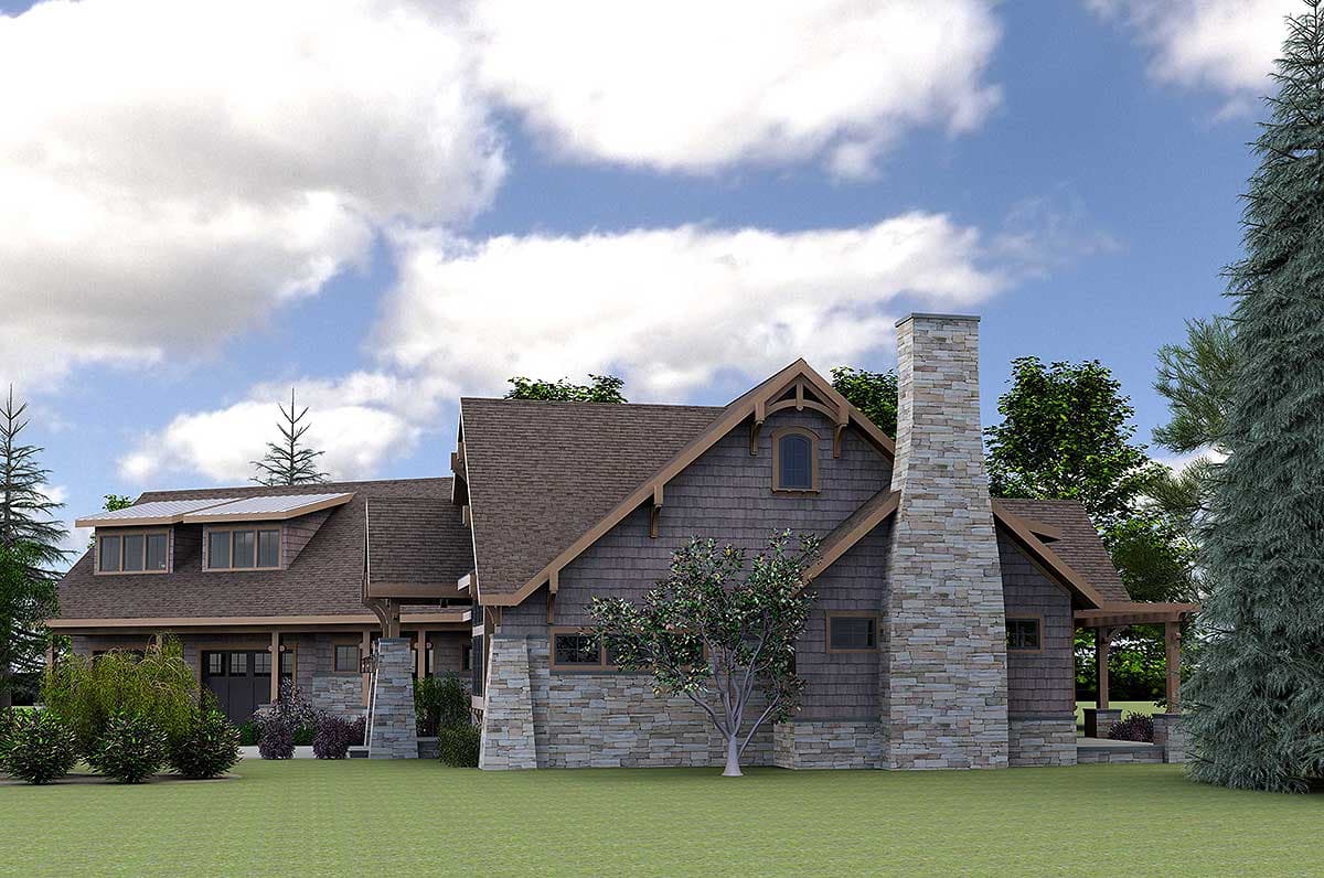 Craftsman house plan exterior with stone chimney, dormers, and covered porch.