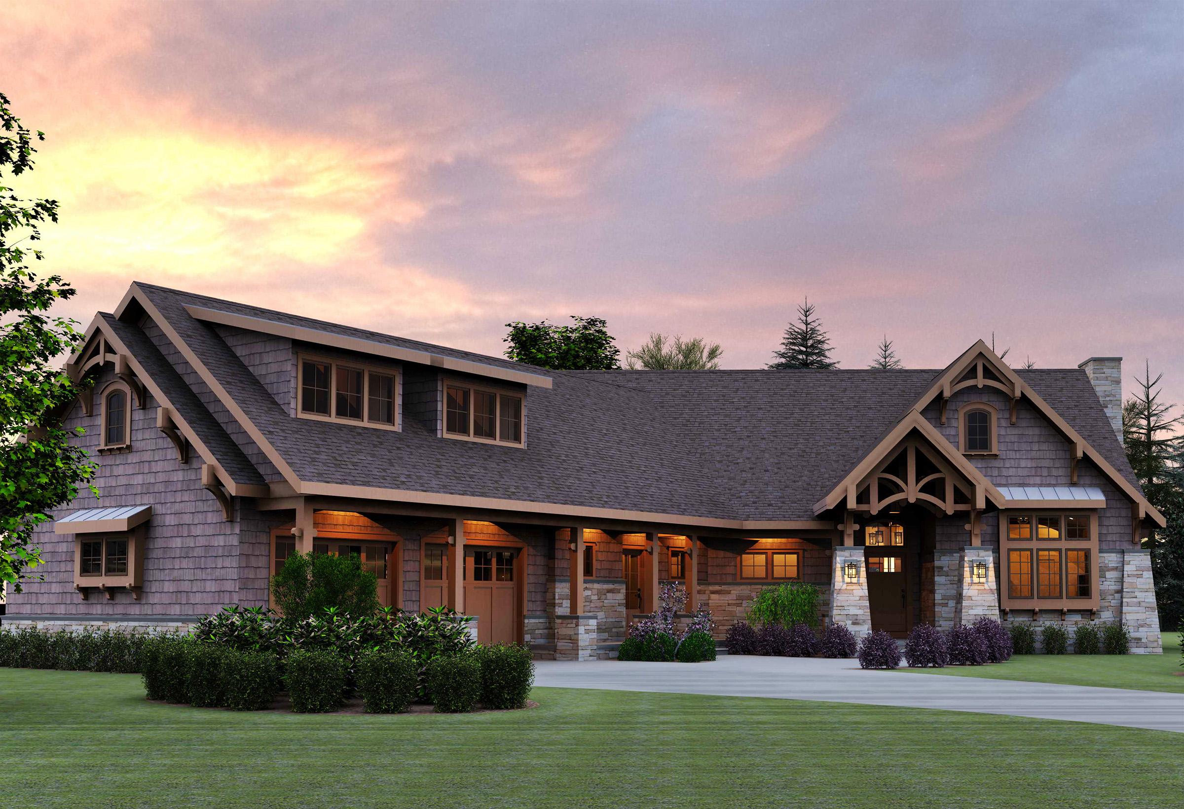 House plan exterior: Craftsman style, two stories, stone accents, covered porch, gabled dormers, and a three-car garage.