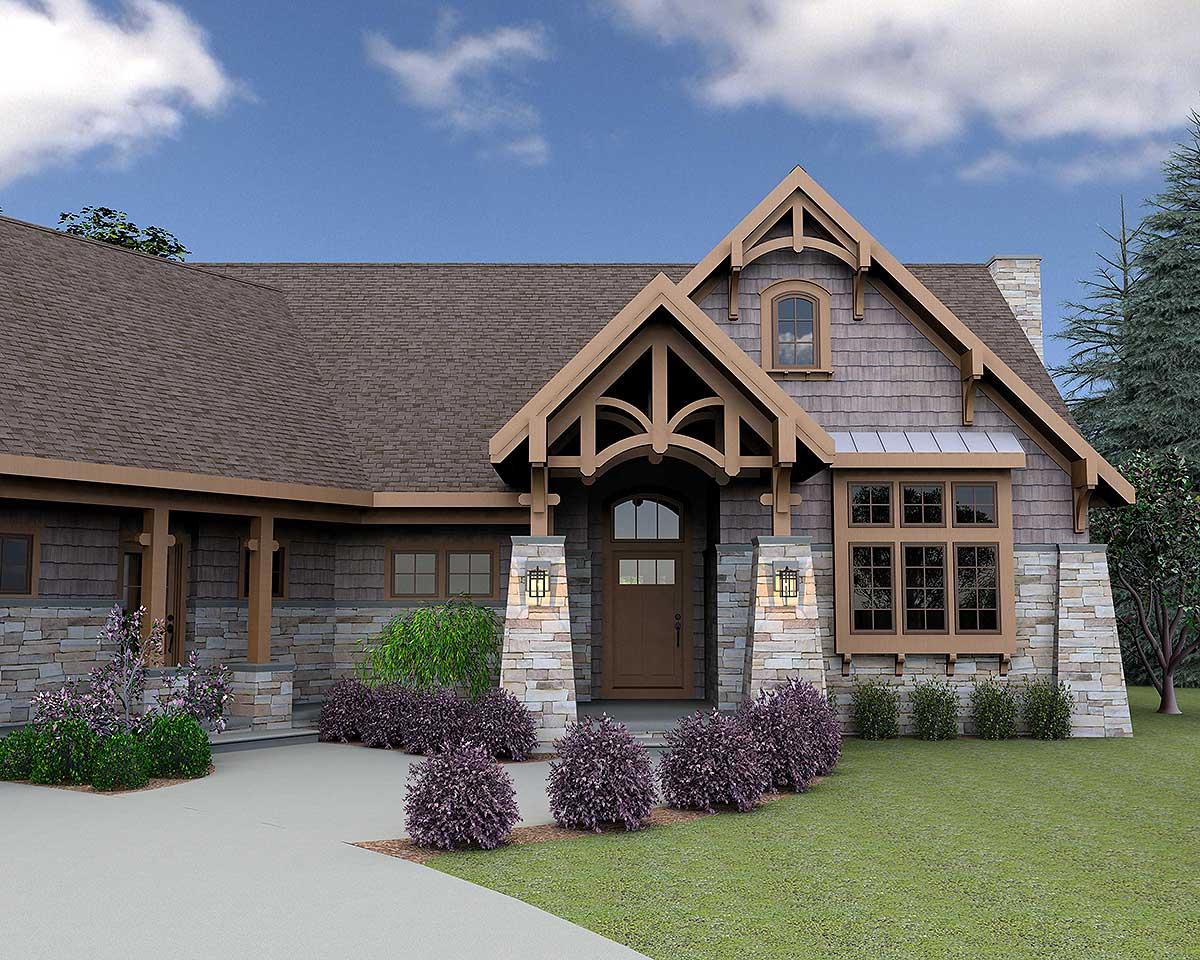 Craftsman house plan exterior with stone accents, a covered entryway with timber framing, and a multi-pane window.
