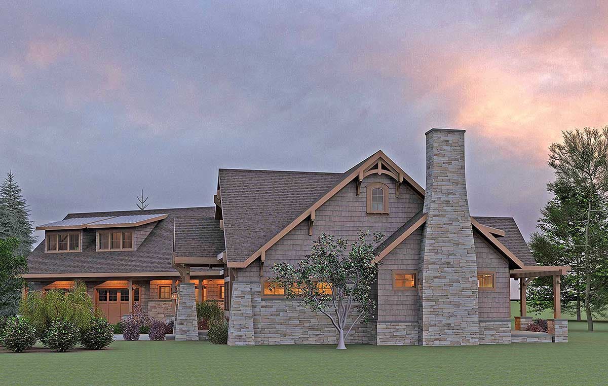House plan exterior of a two-story home with stone chimney, dormer windows, and a covered porch.