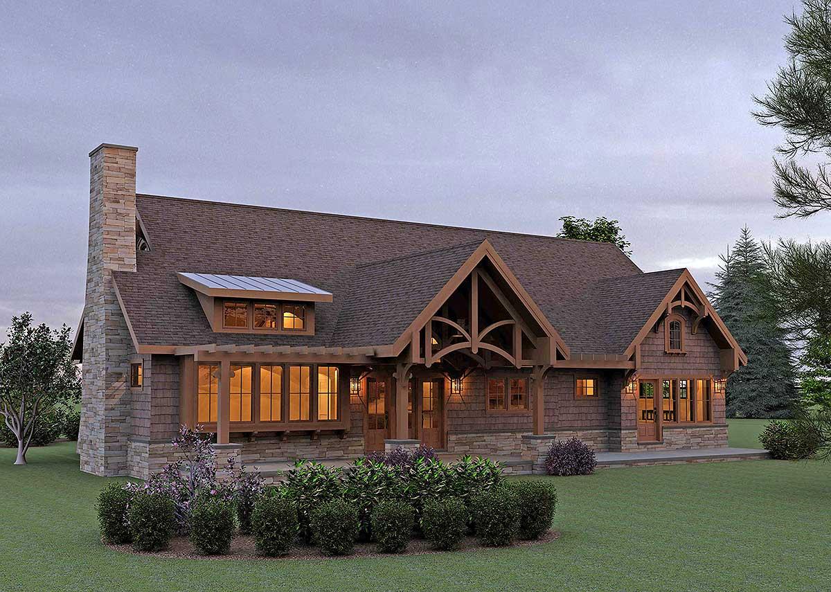Craftsman house plan exterior with stone chimney, deep eaves, large windows, and exposed timber framing over the entrance.