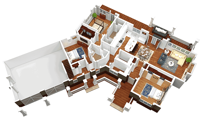 Plan 18248BE: Mountain Escape with Bonus Living Suite - Floor Plan - 3D Main Level (Slab/Crawl) - Country, Mountain, Rustic, Vacation