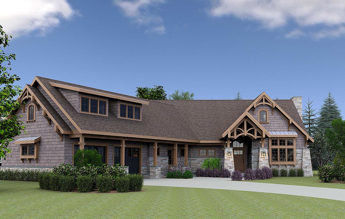 Craftsman style house plan exterior with dormers, gable brackets, stone accents, and a covered entry porch.