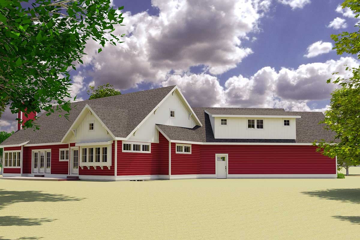 House plan exterior, red siding, white trim, prominent gables with small dormers, and a multi-level roofline.