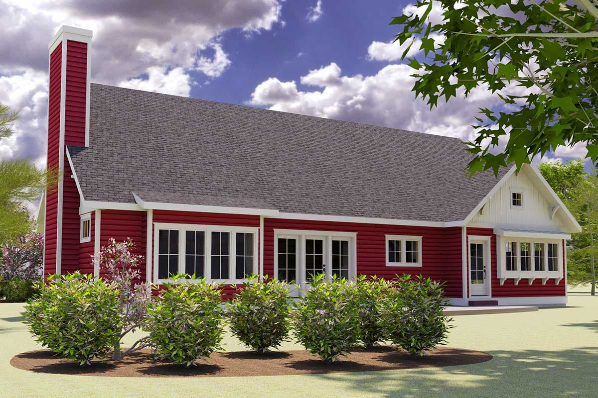 House plan exterior: single-story Modern Farmhouse with a prominent chimney, multiple windows, and a gabled dormer.