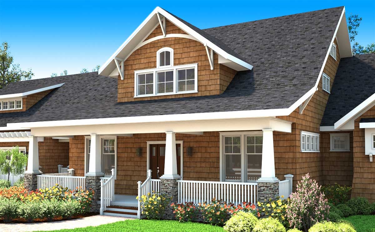 House plan exterior: Craftsman style, two stories, with a wraparound porch, stone accents, and prominent gables.