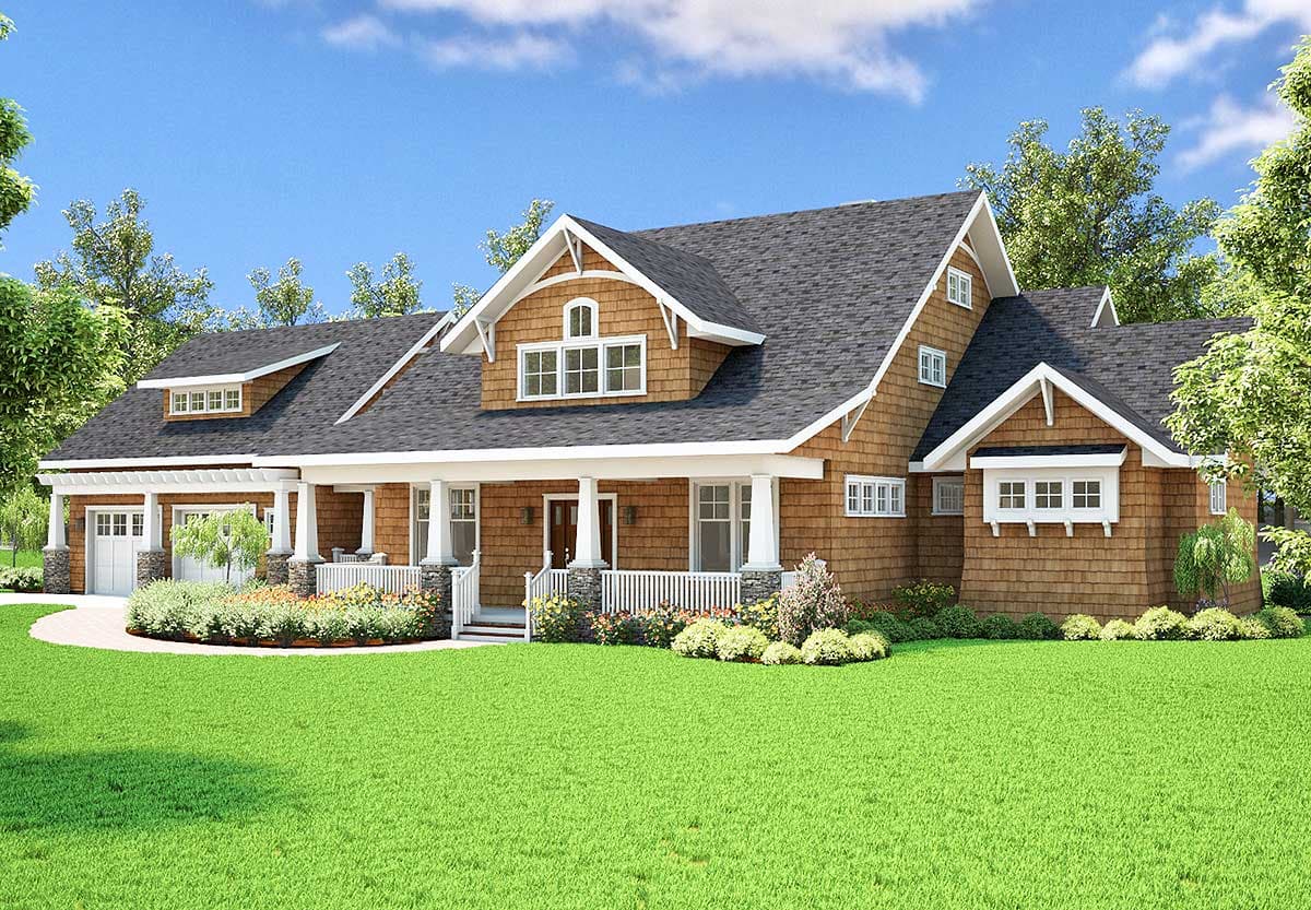 House plan exterior: Craftsman style, 1.5 stories, full-width porch, cedar shake siding, multiple gables.