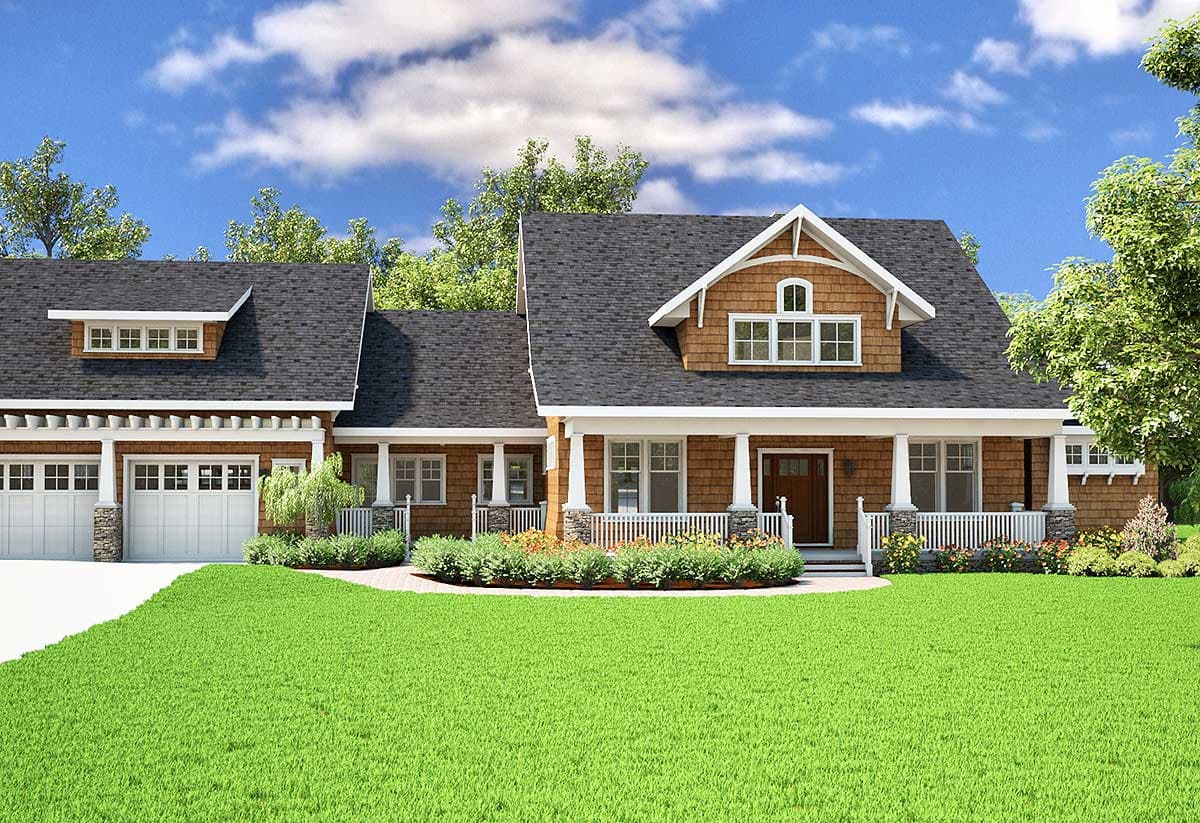 Craftsman house plan exterior with a wraparound porch, dormer, and attached three-car garage.