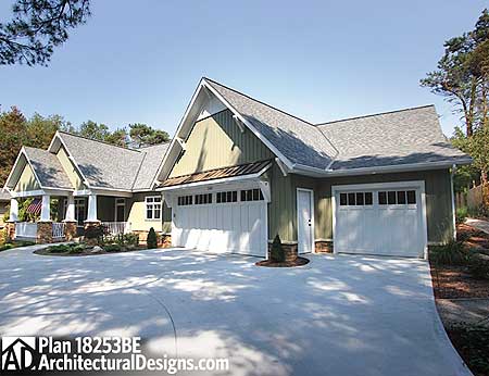 House plan exterior with gabled rooflines, wide eaves, covered porch with stone accents, and a three-car garage.