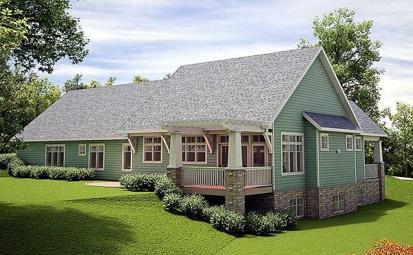 House plan exterior: Two-story house with a covered front porch featuring stone supports, a pergola, and multiple gables.