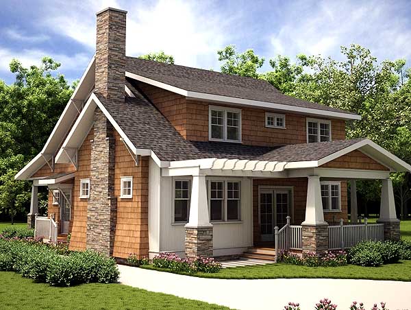 Craftsman style house plan exterior with stone chimney, shake siding, and a deep covered porch with thick square columns.