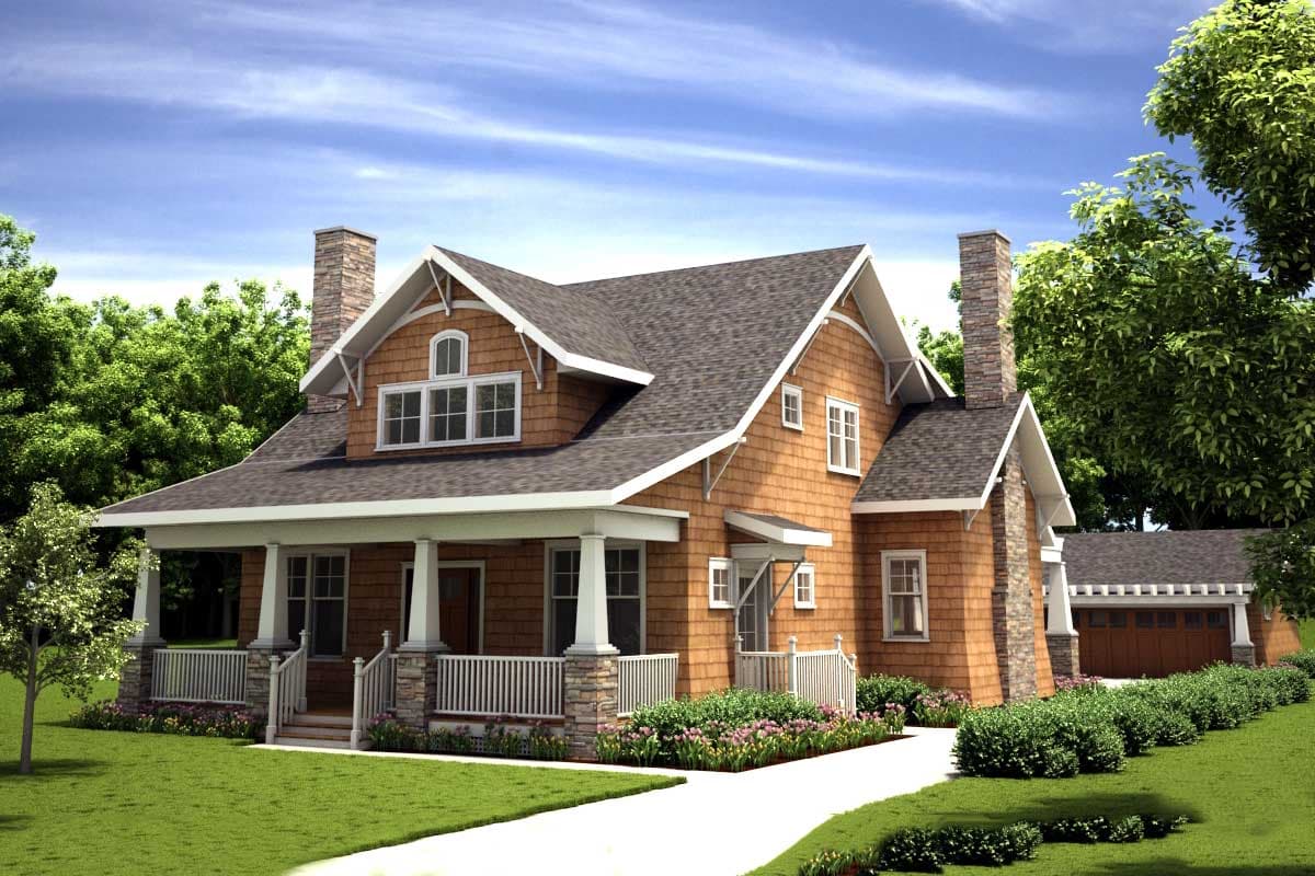 Craftsman style house plan exterior with a wraparound porch, stone accents, and multiple gables.