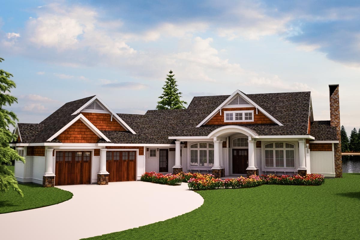 Craftsman house plan exterior with a welcoming arched entry, dual garage doors, stone chimney, and prominent gables with cedar shingles.