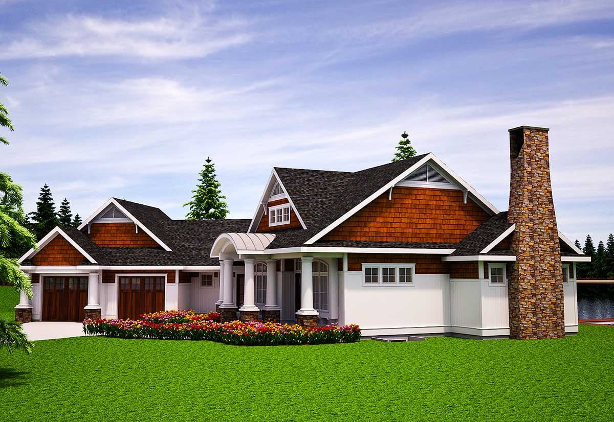 House plan exterior: Craftsman style, two-story home with a stone chimney, gabled dormers, and a covered front porch.