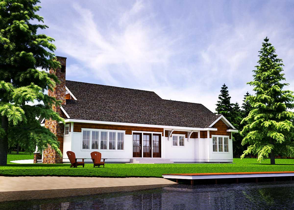 House plan exterior: One-story home with prominent stone chimney, large windows, double doors, and cedar siding accents.