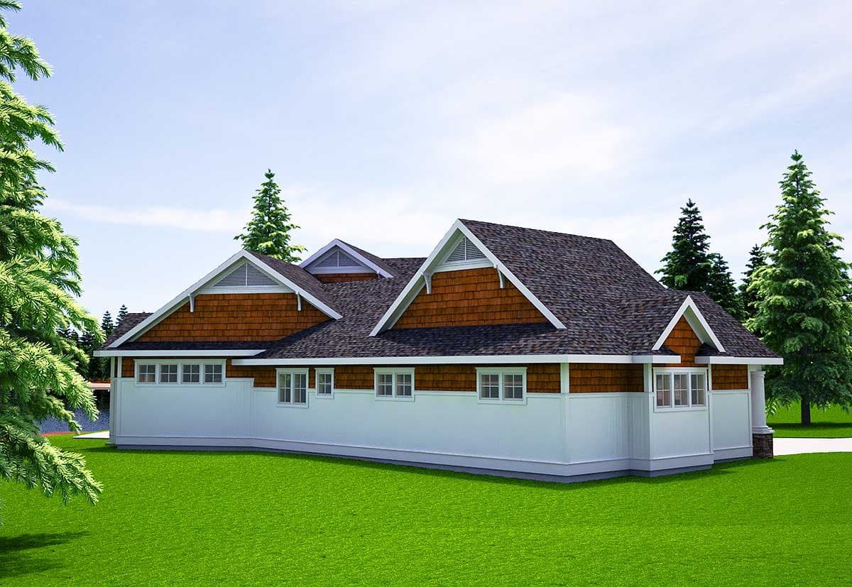 House plan exterior, single-story, with multiple gables, cedar shake siding accents, and horizontal windows.