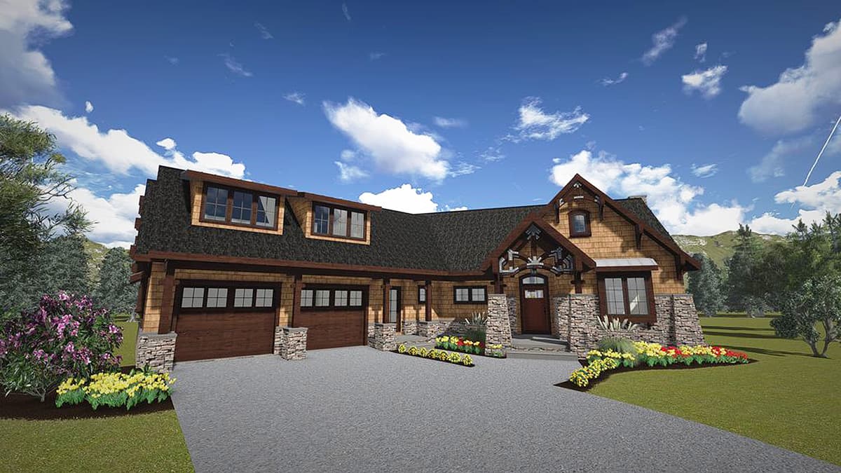 House plan exterior: Craftsman style, two stories, with stone accents, dormers, gabled entrance, and three-car garage.