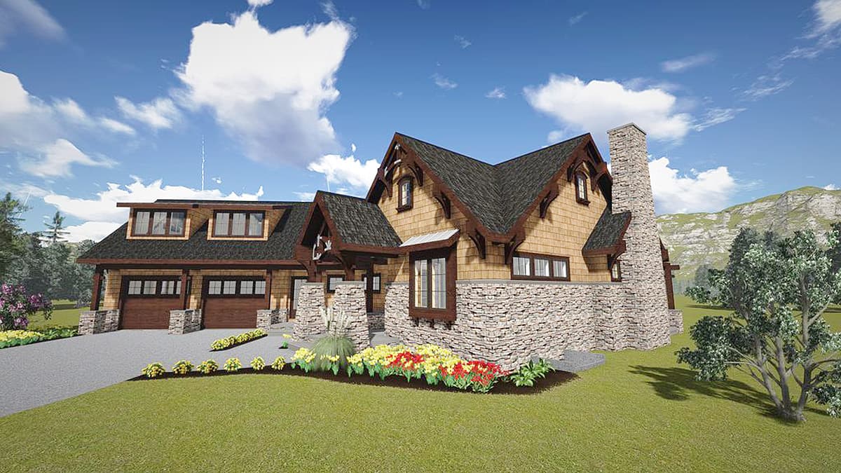 House plan exterior shows a two-story mountain-style home with a large stone chimney, wood siding, dormers, and a three-car garage.