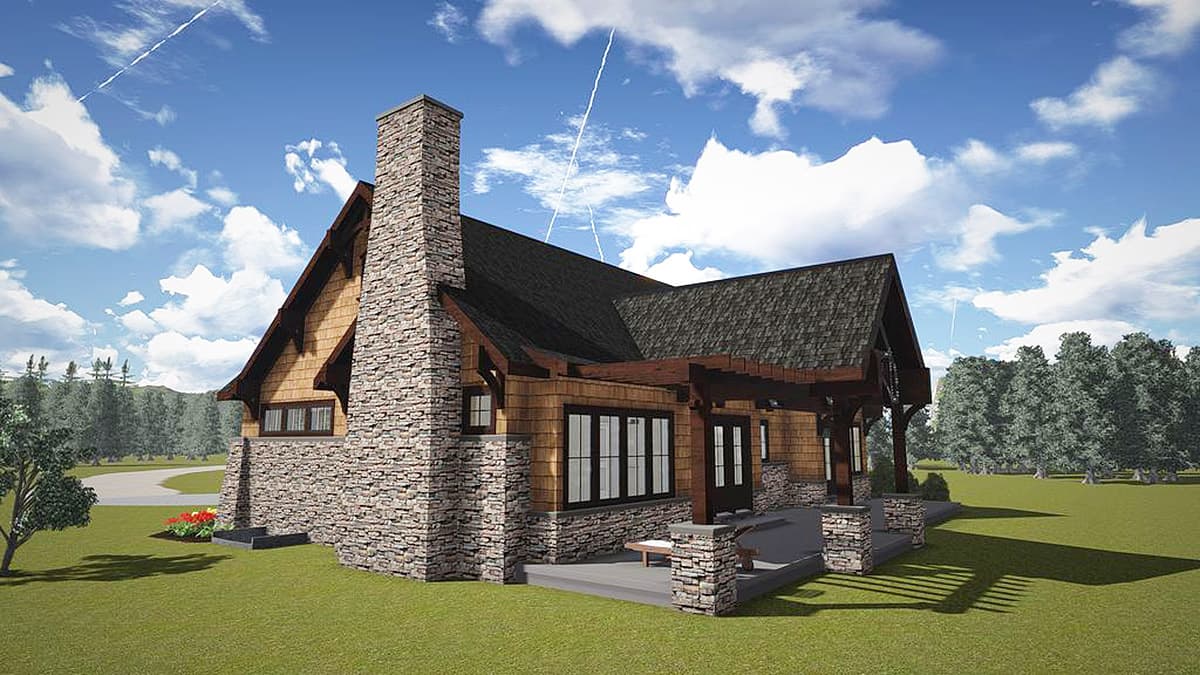 House plan exterior: One-story Craftsman style home with stone chimney, wood shingle siding, and covered porch.