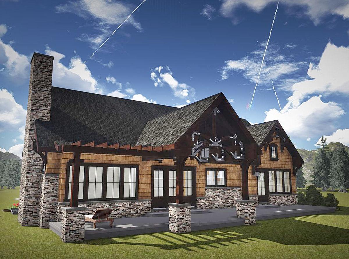 House plan exterior featuring stone chimney, timber pergola, shingle siding, and stone accents.