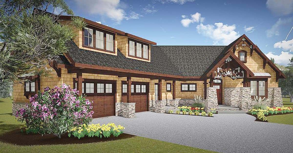 House plan exterior shows a two-story Modern Farmhouse with a prominent gable, stone-clad pillars, a covered entry, and a three-car garage.