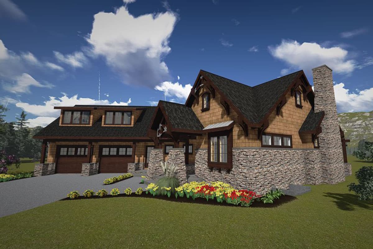 House plan exterior: Two-story Modern Farmhouse with side-facing garage, multiple gables, stone foundation, and prominent chimney.