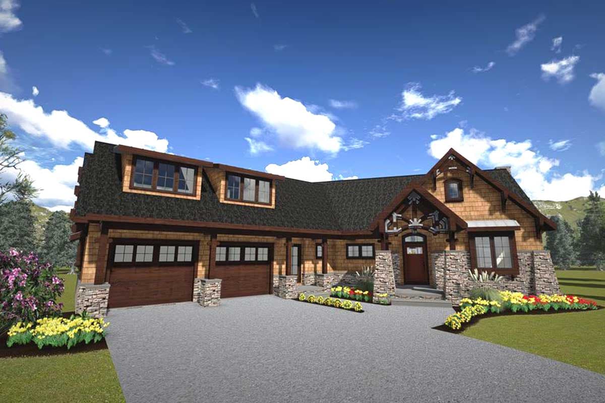 House plan exterior featuring a multi-story design, dual garage doors, stone accents, and a prominent gabled entryway with decorative wood detailing.