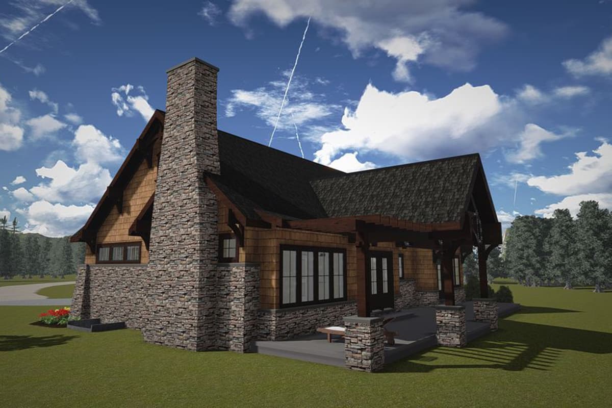 House plan exterior: A rustic two-story home with a stone foundation, cedar shingles, prominent stone chimney, and covered porch with wood pergola.
