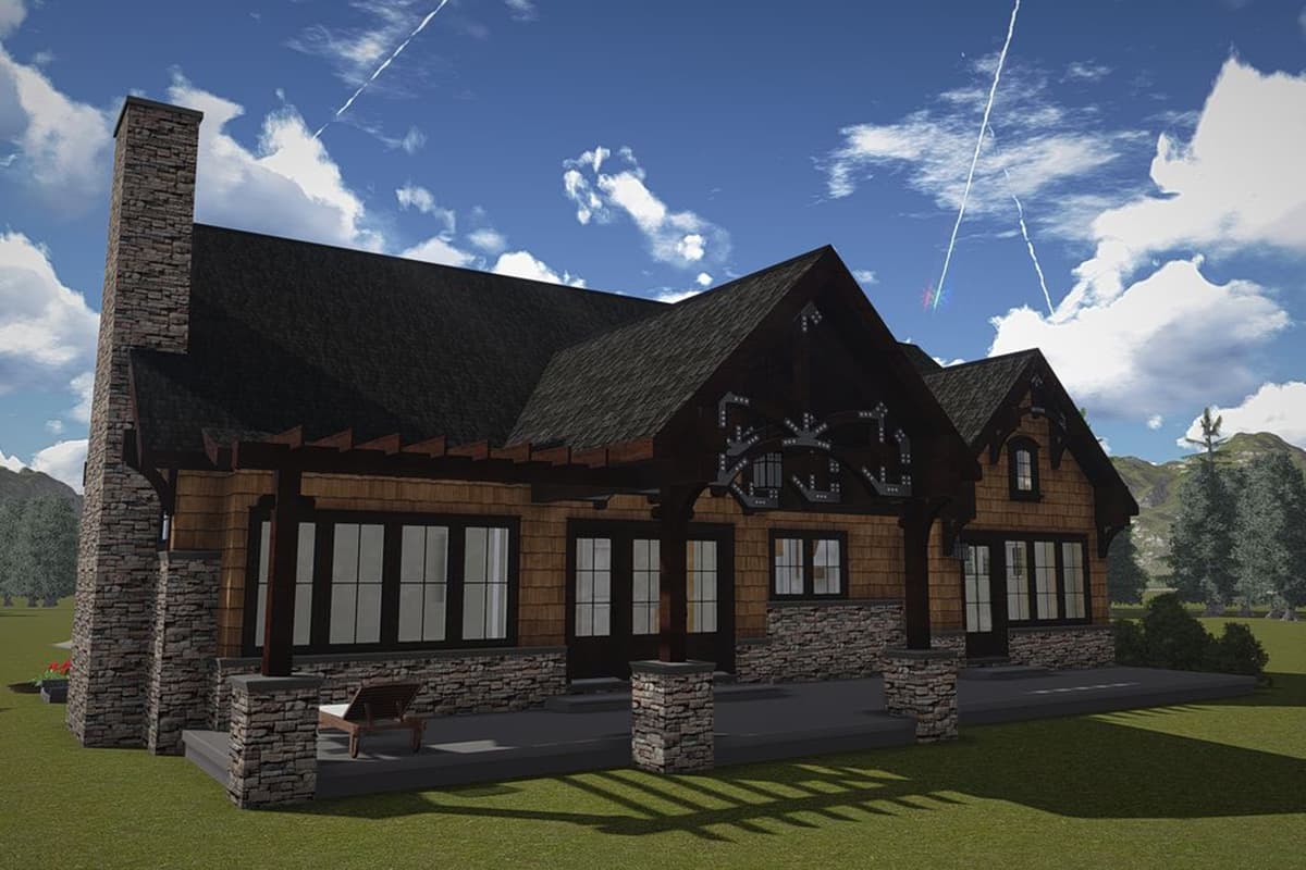 House plan exterior: Lodge style, single-story, with stone chimney, covered porch with pergola, and shingle siding.