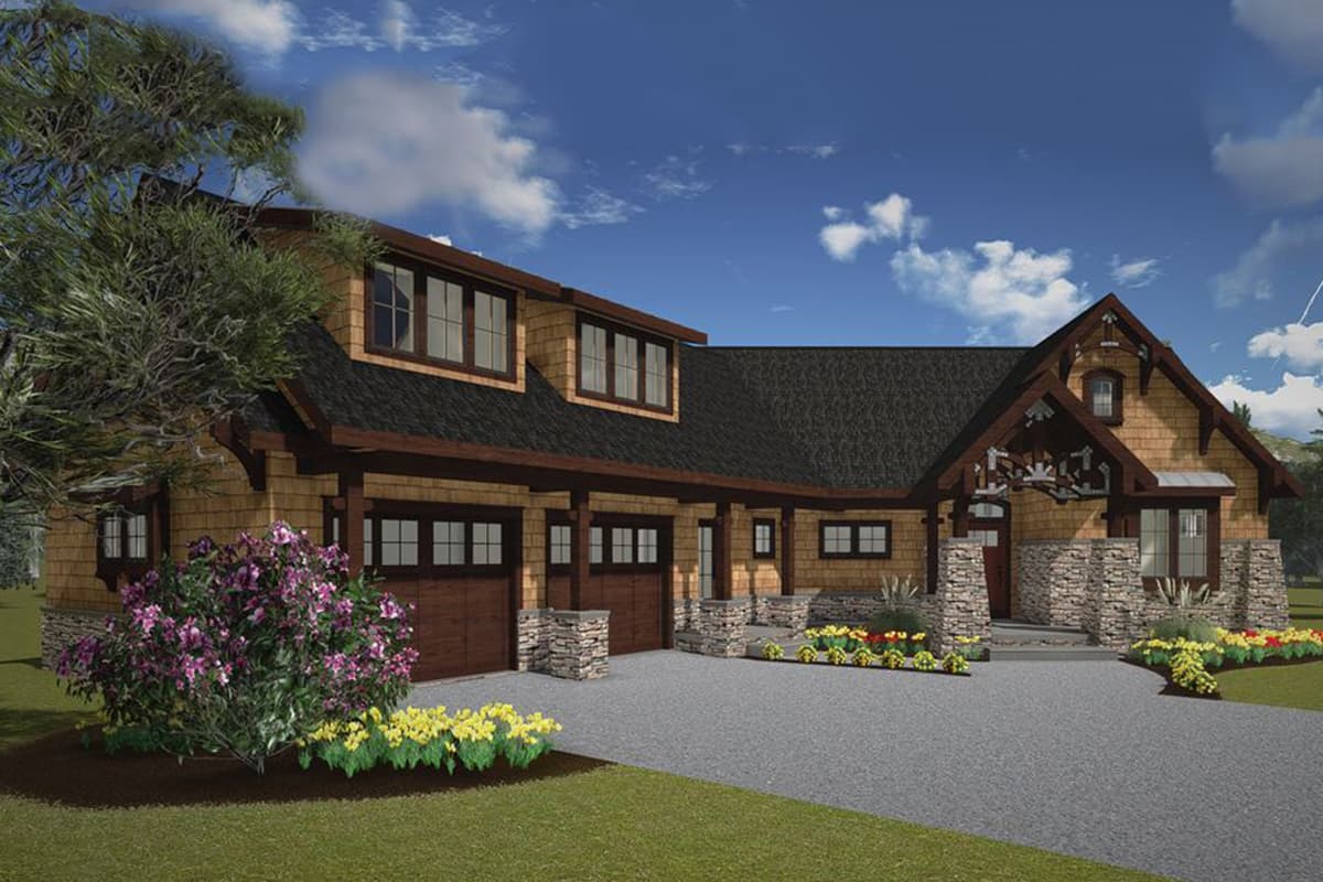 Craftsman style house plan exterior with three-car garage, stone pillars, dormers, and exposed rafter tails.