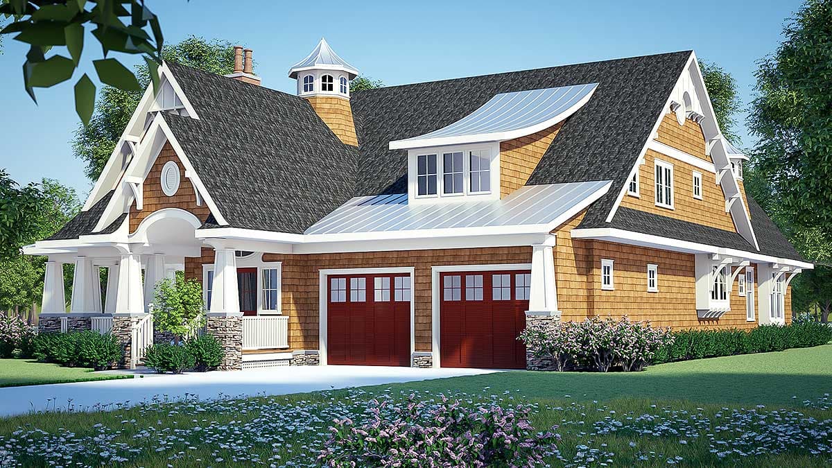 House plan exterior: Two-story home with wrap-around porch, gables, cupola, and a side-facing three-car garage.