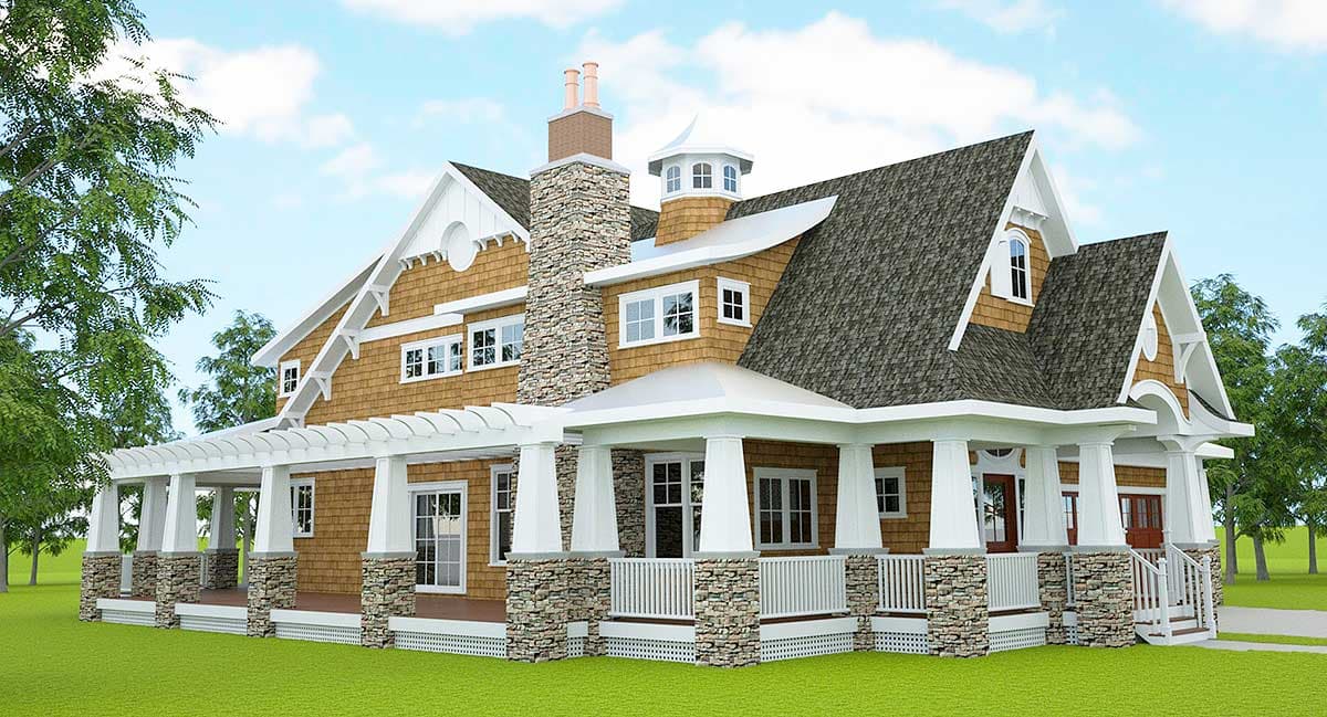 House plan exterior with stone accents, wrap-around porch, prominent chimney, and varied gables.