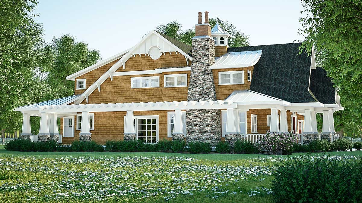 House plan exterior: Two-story home with cedar shingles, stone chimney, gables, and wraparound porch with white columns and pergola.