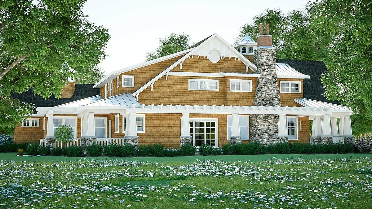 House plan exterior rendering of a two-story home with cedar shakes, stone chimney, and covered porch with pergola.