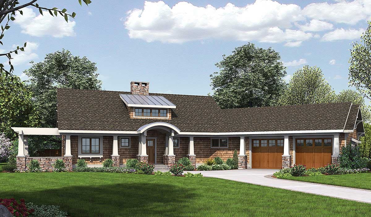 Craftsman style house plan exterior with a covered porch, stone accents, dormer, and a two-car garage.