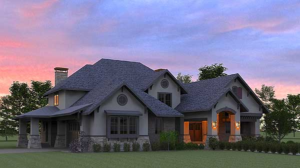 House plan exterior: Two-story home with gabled rooflines, stone accents, prominent chimney, and covered entry porch.