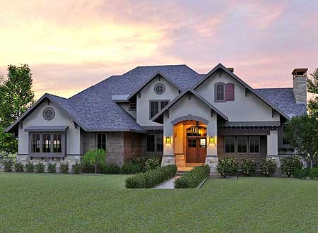 House plan exterior: two-story, stone accents, arched entryway with stone pillars, multiple gables, and dormer windows.