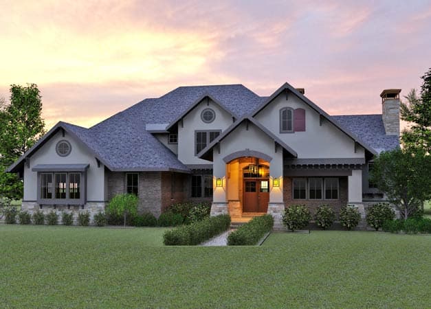 House plan exterior: two-story Modern Farmhouse with prominent gabled entry, stone accents, and multi-pane windows.