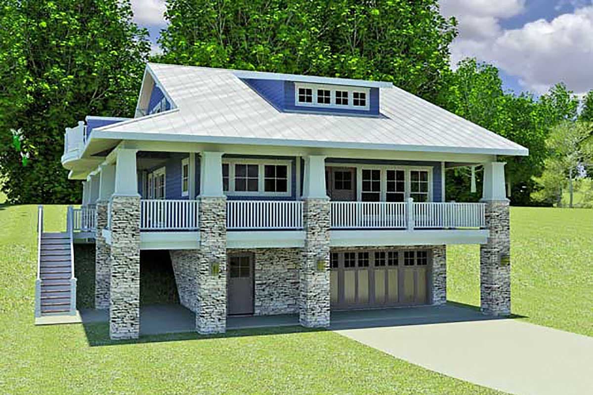 House plan exterior with stone veneer foundation, covered porch with railing, dormers, and a shed roof, with a garage underneath.