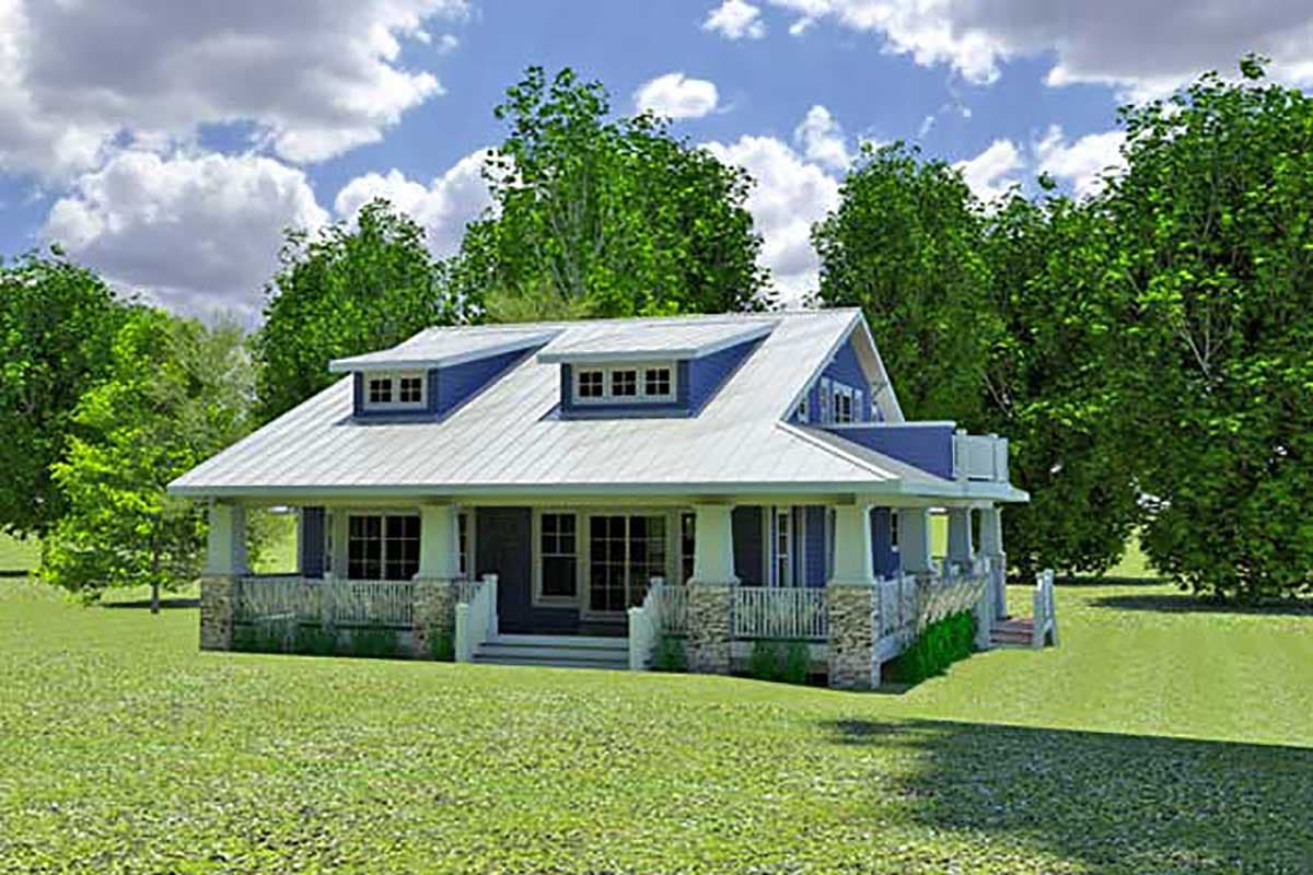 House plan exterior: Two-story Modern Farmhouse with metal roof, dormers, wrap-around porch, and stone accents.