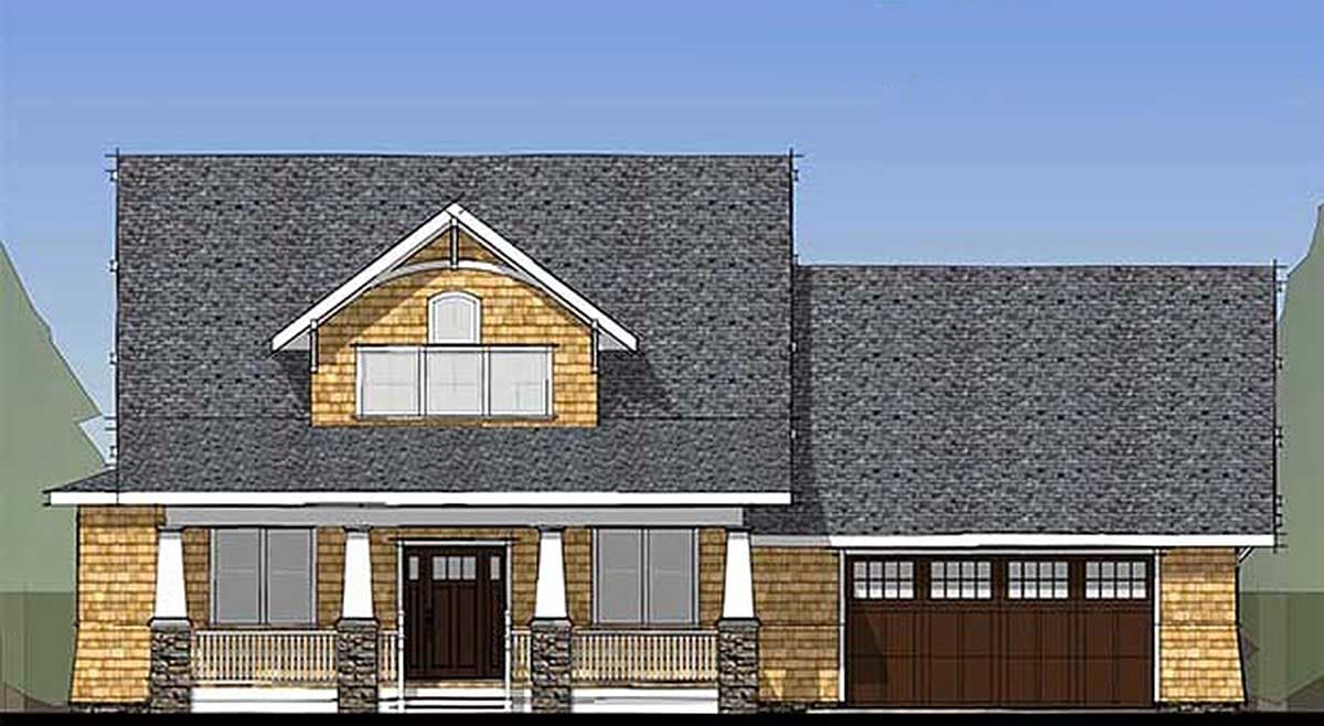 House plan exterior: Two-story home with a covered porch, dormer, and attached two-car garage.