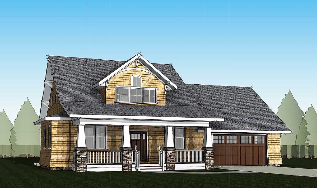 House plan exterior: Craftsman style, two stories, with a wraparound porch, gables, dormers, and a side-entry garage.