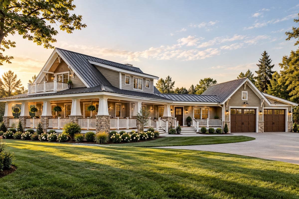 House plan exterior: Two-story house with wrap-around porch, stone chimney, metal roof, and upper balcony.