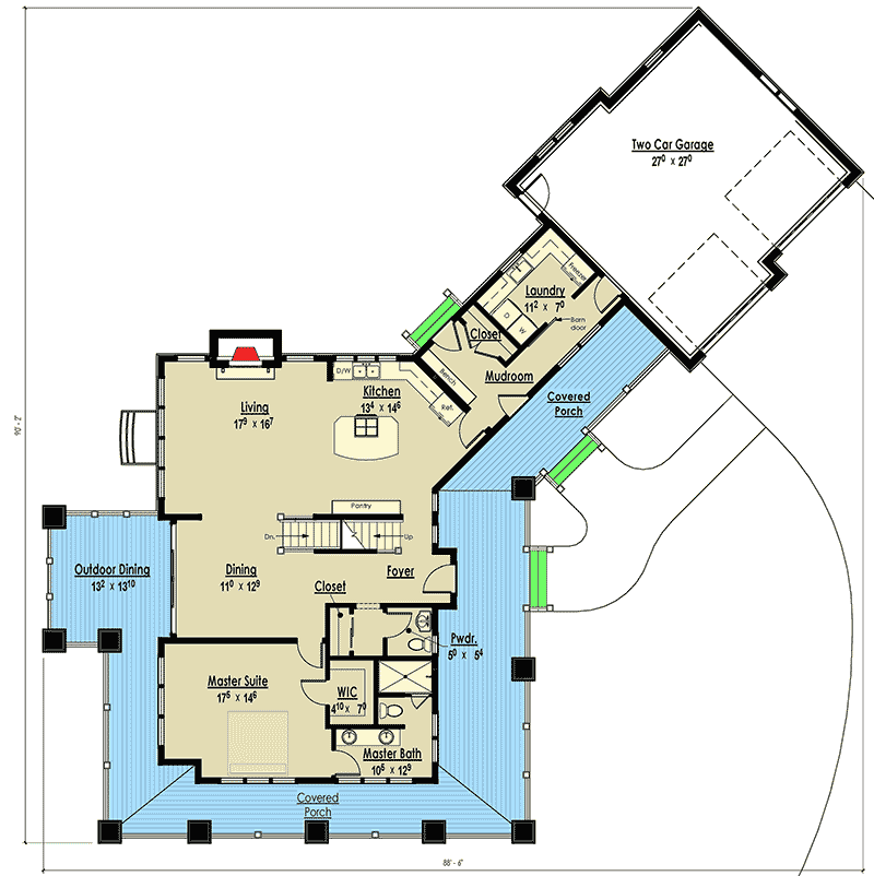 Plan 18286BE: Country Home with Wraparound Porch and 2 Balconies - Floor Plan - Main Level - Craftsman, Mountain, Vacation