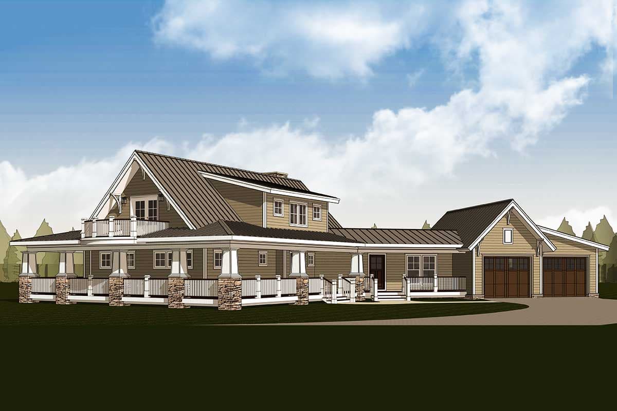 House plan exterior: Two-story Modern Farmhouse with wraparound porch, stone pillars, second-story balcony, and attached three-car garage.