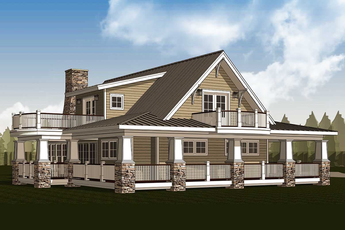 House plan exterior: Two-story house with wrap-around porch, stone chimney, metal roof, and upper balcony.